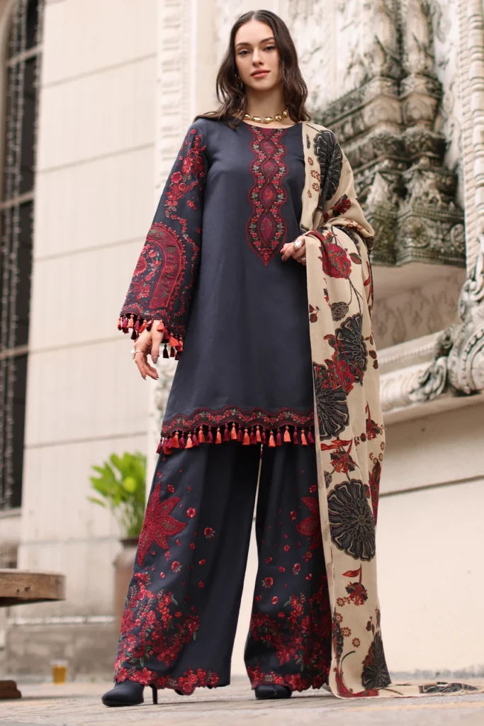 Charizma Poshima Winter Embroidered Peach Leather Unstitched 3Pc Suit - PSW6-01