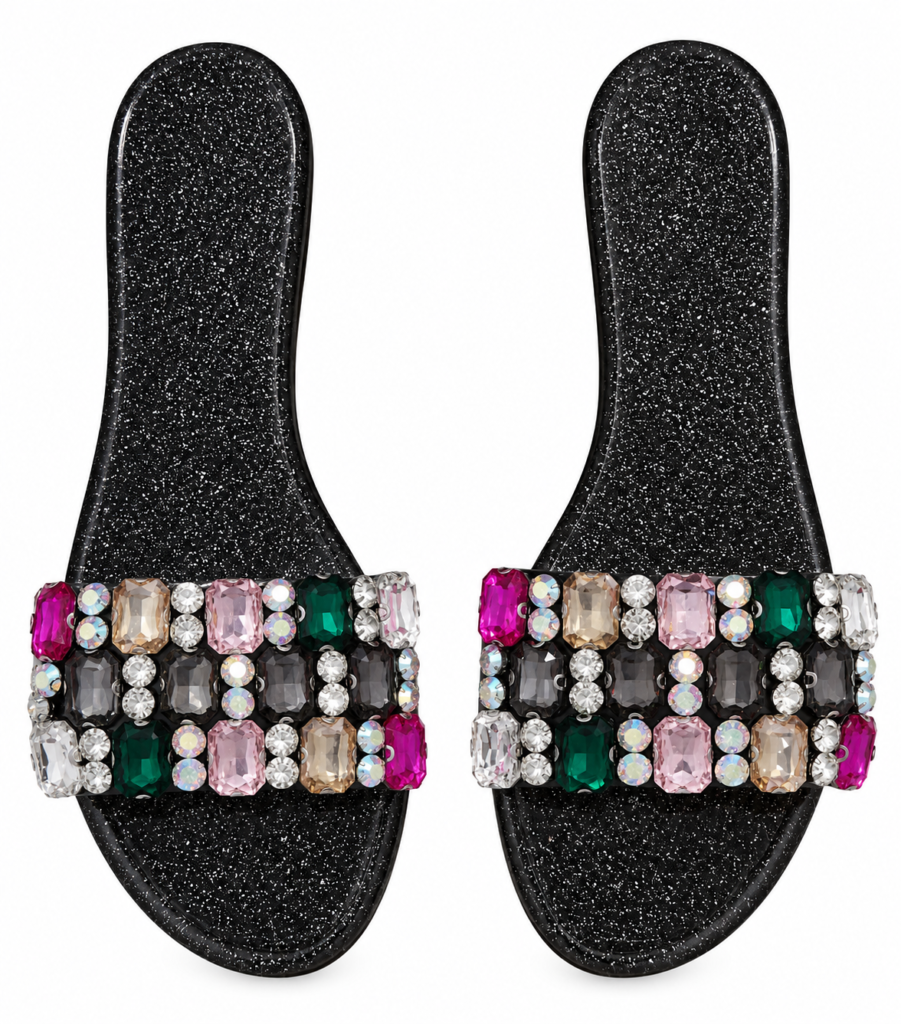 Sparkly black glitter jelly slides.