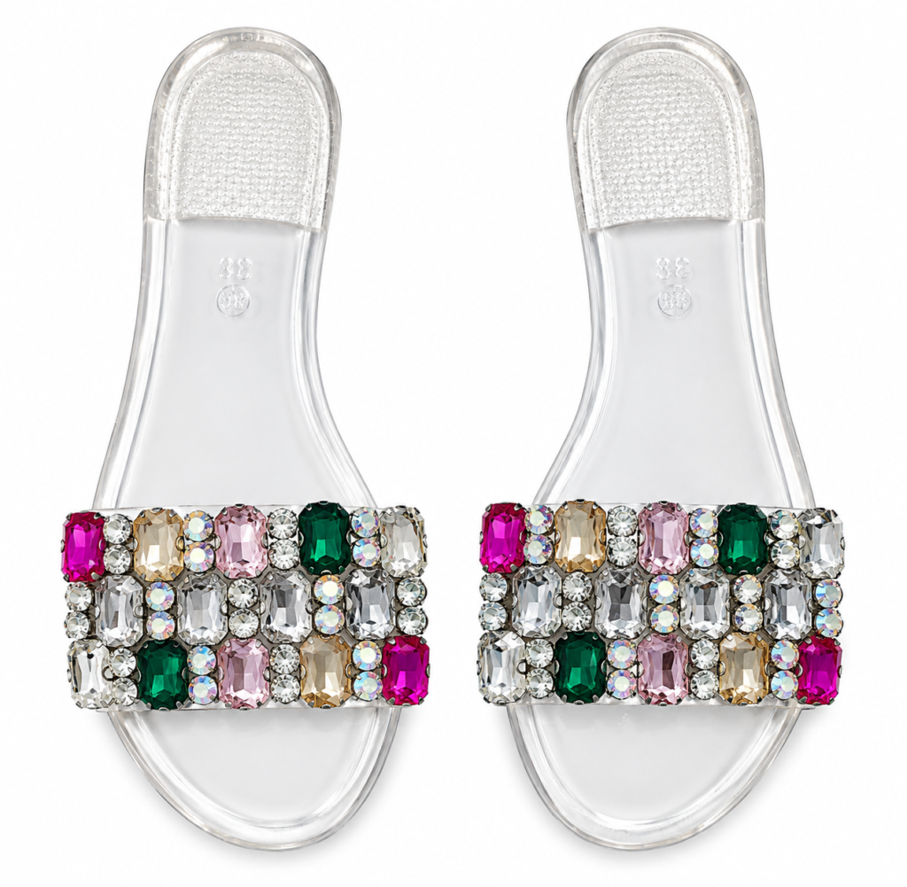 Multicolor Crystal Embellished Jelly Slides – Clear