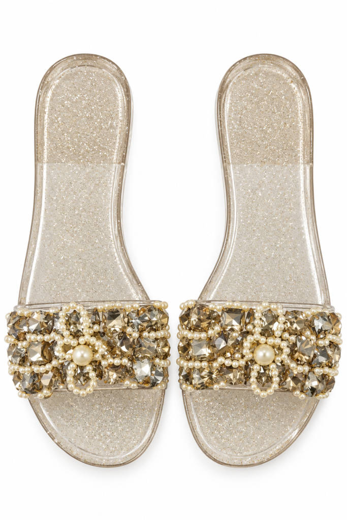 Pearl & Crystal Embellished Jelly Slides – Gold Glitter