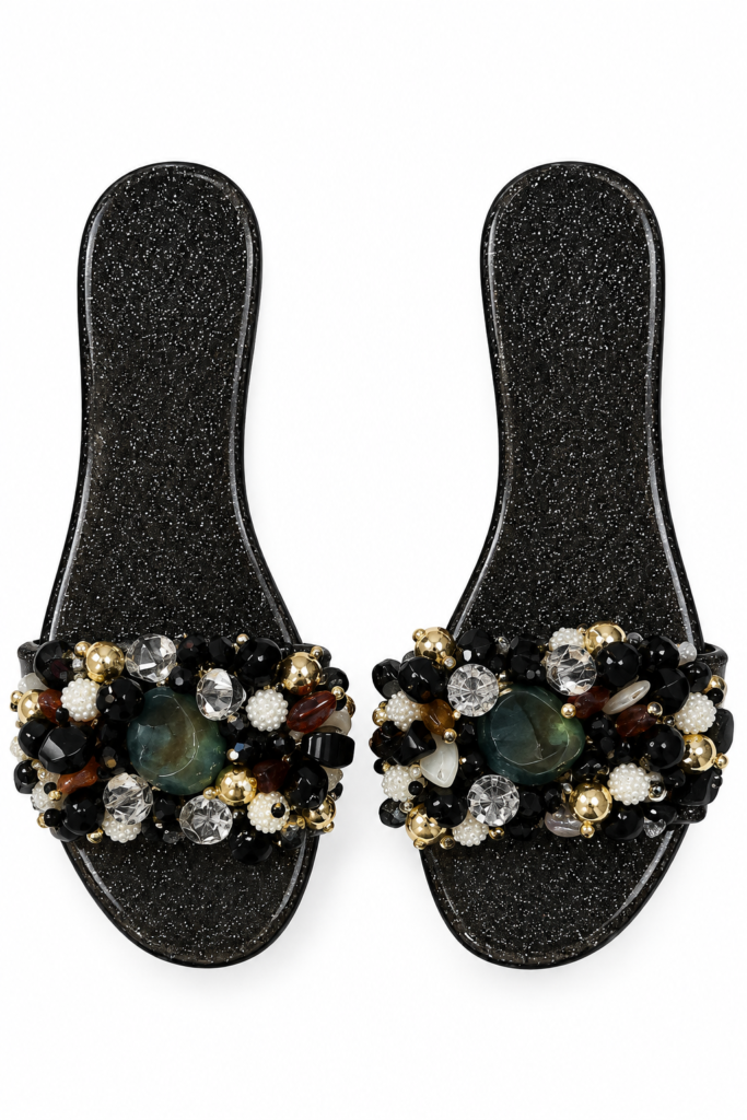 Glitter Jelly Slides with Multi-Stone Embellishment – Black