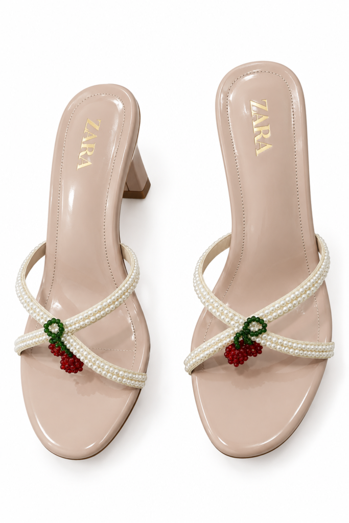 Pearl & Cherry Embellished Block Heel Sandals – Nude