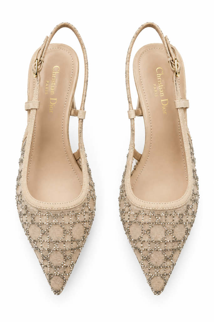 Designer-Inspired Embellished Mesh Slingback Heels – Beige
