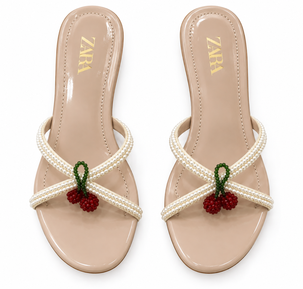 Pearl Cross-Strap Cherry Charm Sandals – Nude