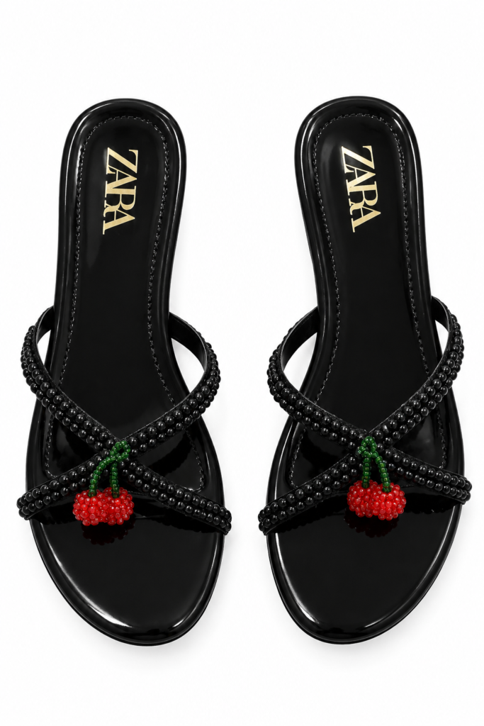 Beaded Cross-Strap Cherry Charm Sandals – Black