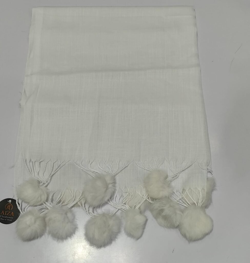 Soft Linen-Feel Stole with Fur Pom-Pom Fringe