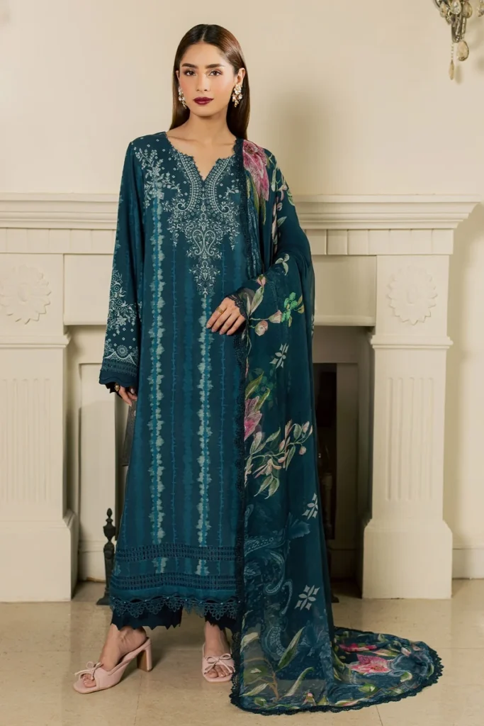 Nureh Signature Prints SP-210 Teal Blue – 3 Piece Unstitched Printed Viscose Slub Suit