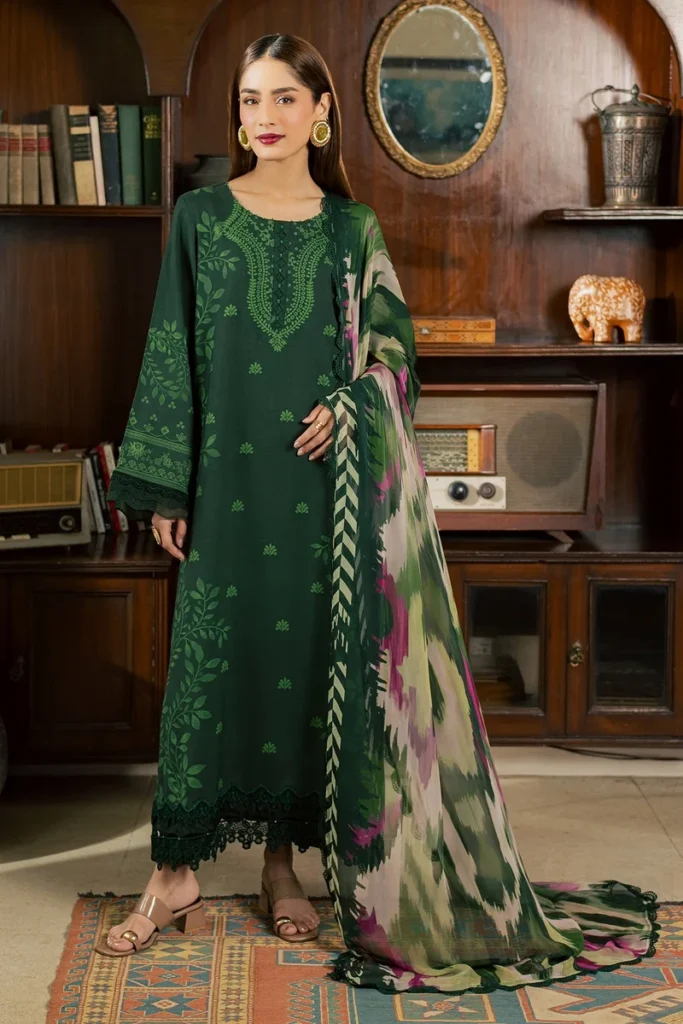 Nureh Signature Prints SP-211 Bottle Green – 3 Piece Unstitched Printed Viscose Slub Suit
