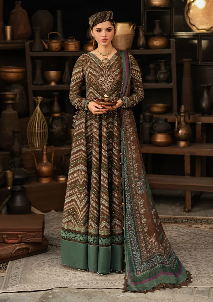 M.Prints Vol 31 – 7A | Brown & Green Printed Cambric Anarkali 3 Piece Suit with Silk Dupatta