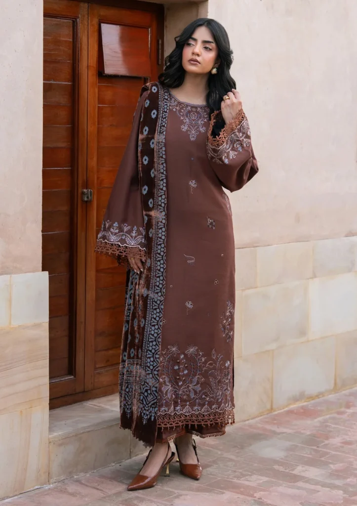 Raaya The Plush Edit Brown – 3 Piece Unstitched Embroidered Slub Dhanak Suit with Palachi Shawl
