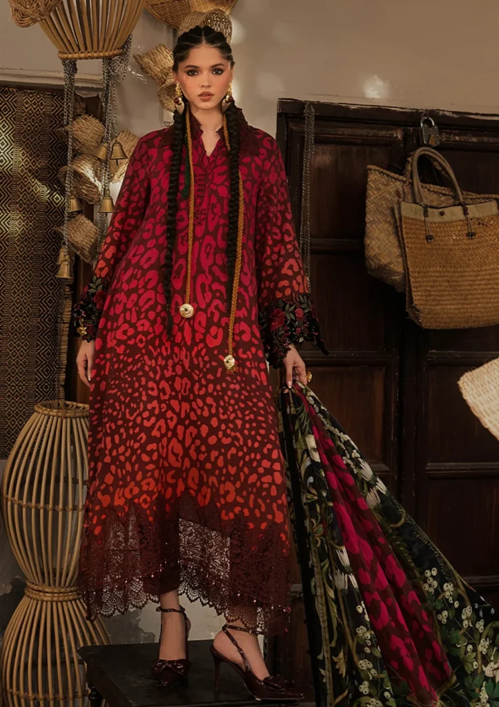 M.Prints Vol 31 – 1A | Red Leopard Print Linen 3 Piece Suit with Silk Dupatta