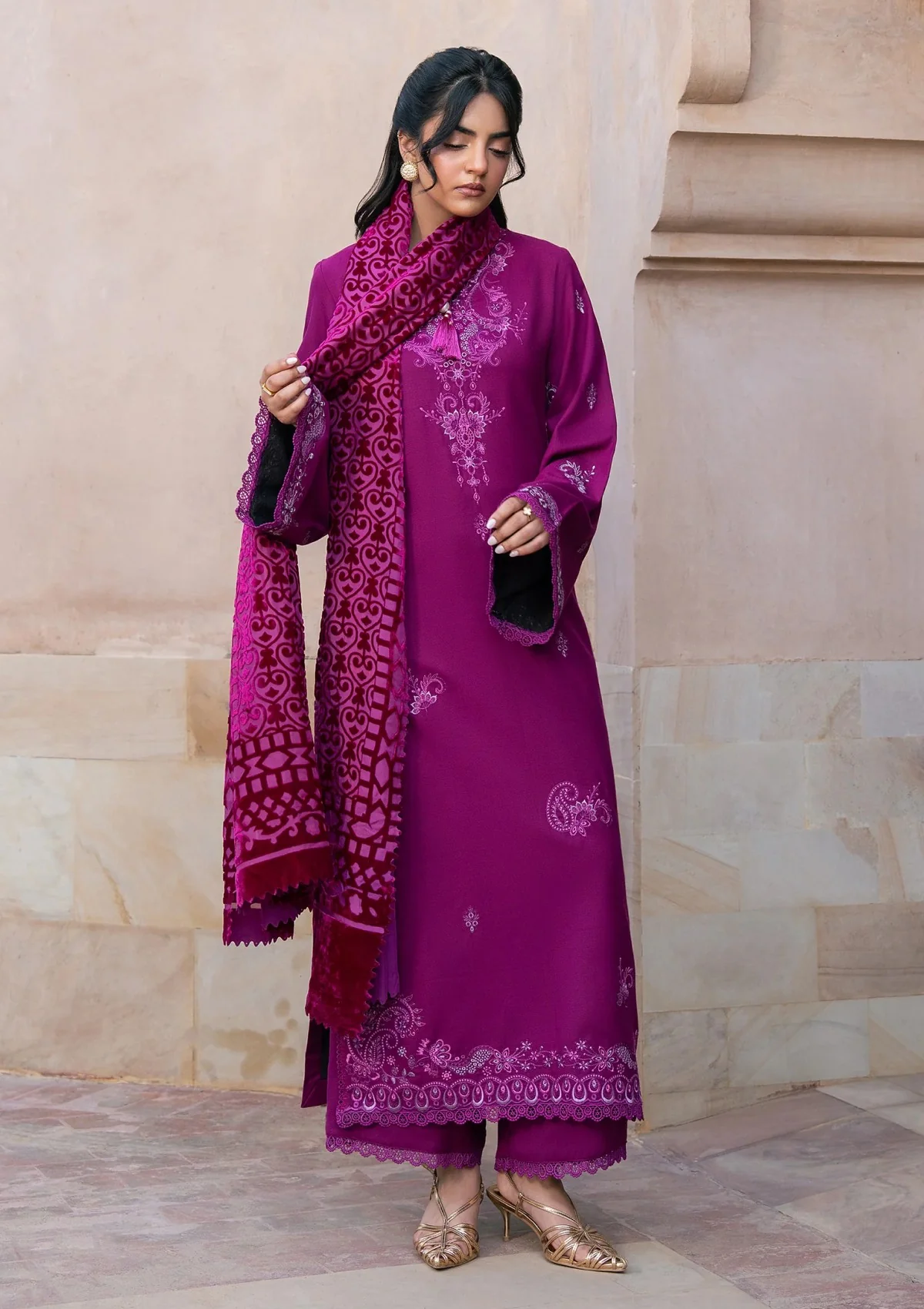 Raaya The Plush Edit Magenta – 3 Piece Unstitched Embroidered Slub Dhanak Suit with Palachi Shawl
