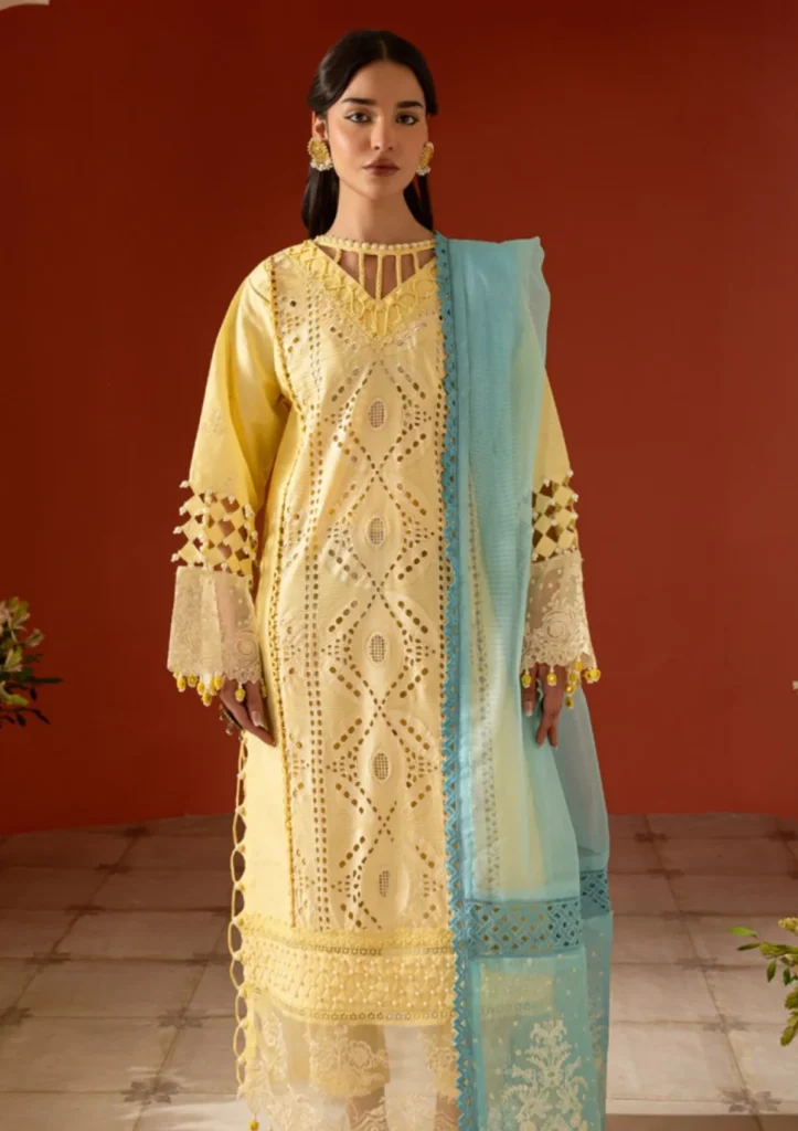 Parishay Dastan-e-Noor – DSC-11 | Embroidered 3 Piece Lawn Suit with Embroidered Contrast Net Dupatta