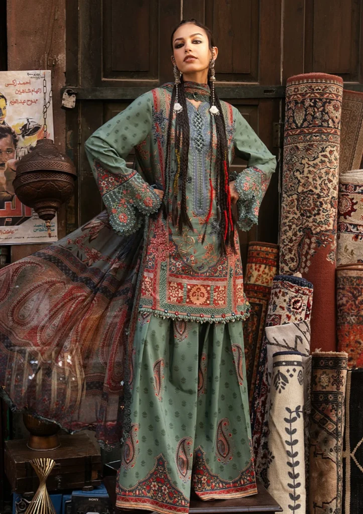 M.Prints Vol 31 – 2A | Sea Green Printed Cambric 3 Piece Suit with Silk Dupatta