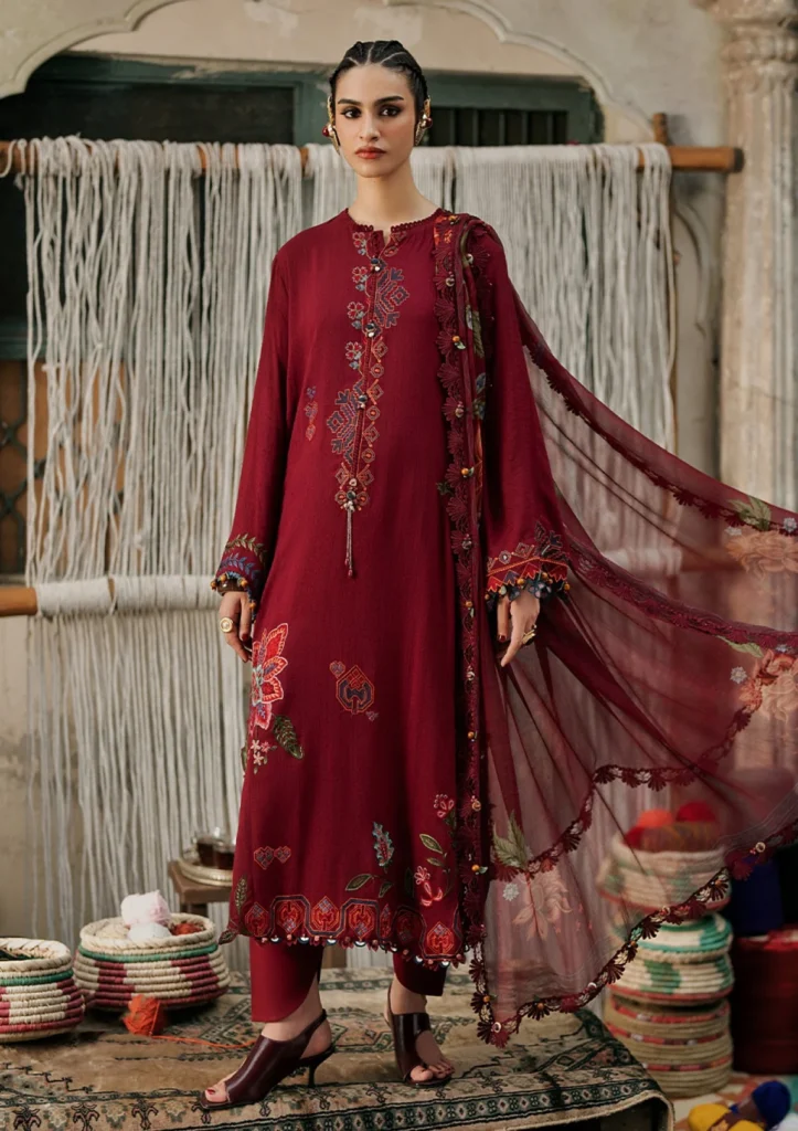 M.Prints Vol 31 – 10A | Maroon Embroidered Dobby Linen 3 Piece Suit with Chiffon Dupatta