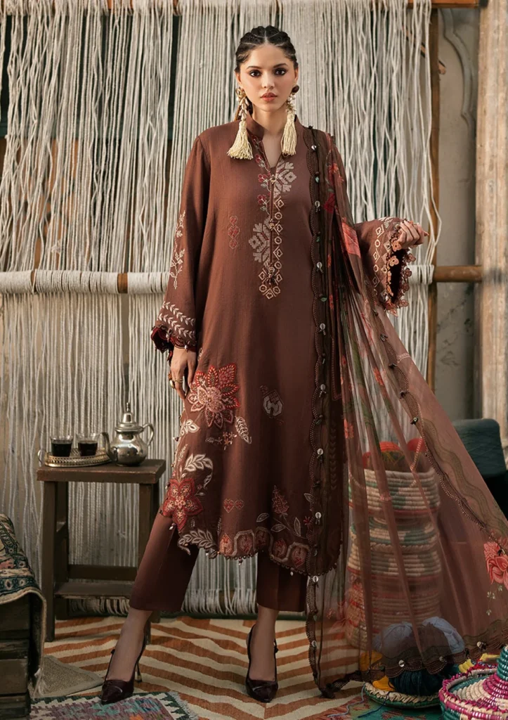 M.Prints Vol 31 – 10B | Brown Embroidered Dobby Linen 3 Piece Suit with Chiffon Dupatta
