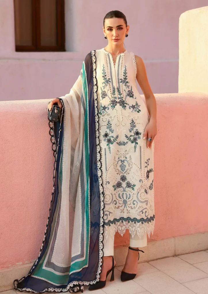 Maria B Lawn Vol 26 – 9B | White Embroidered 3 Piece Lawn Suit with Printed Silk Dupatta