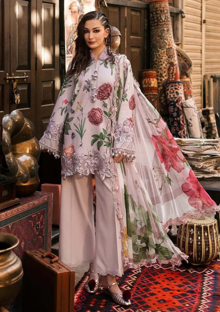 M.Prints Vol 31 – 9A | Lilac Floral Printed Cambric 3 Piece Suit with Chiffon Dupatta