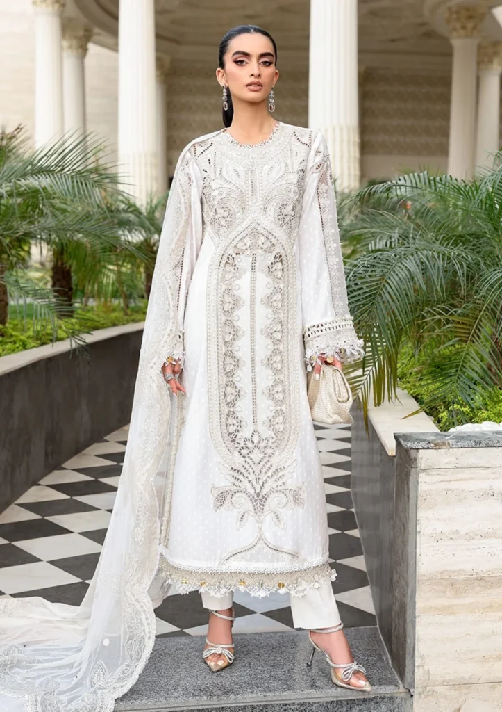 Maria B Lawn Vol 26 – D1 | White Embroidered 3 Piece Lawn Suit with Pearls & Net Dupatta