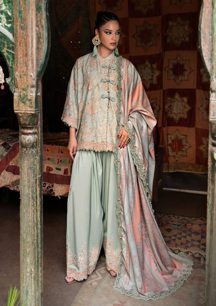 M.Prints Vol 31 – 8B | Mint Green Embroidered Irish Linen 3 Piece Suit with Printed Shawl