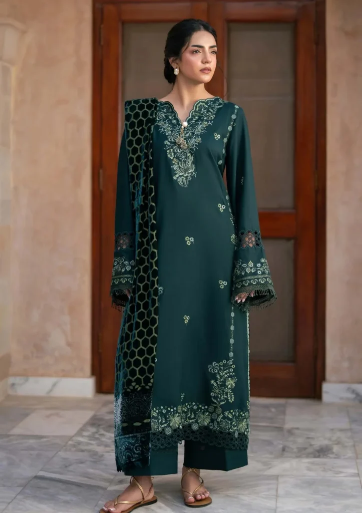 Raaya The Plush Edit Teal Blue – 3 Piece Unstitched Embroidered Slub Dhanak Suit with Palachi Shawl