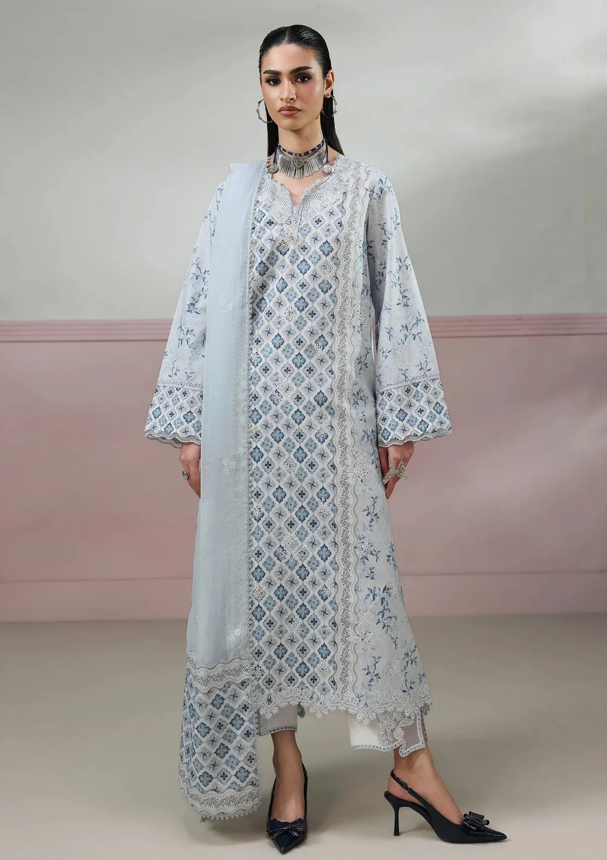 Qalamkar Qprints Drop II Aline 3 Piece Unstitched Chikankari Embroidered Lawn Suit QQP-10-B