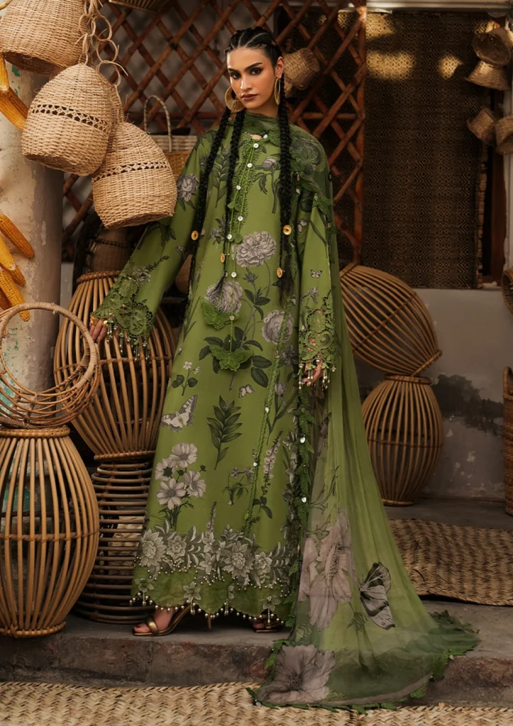 M.Prints Vol 31 – 9B | Green Printed Cambric 3 Piece Suit with Chiffon Dupatta