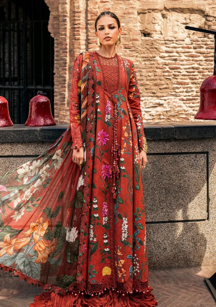 M.Prints Vol 31 – 6B | Rust Orange Floral Printed Cambric 3 Piece Suit with Chiffon Dupatta