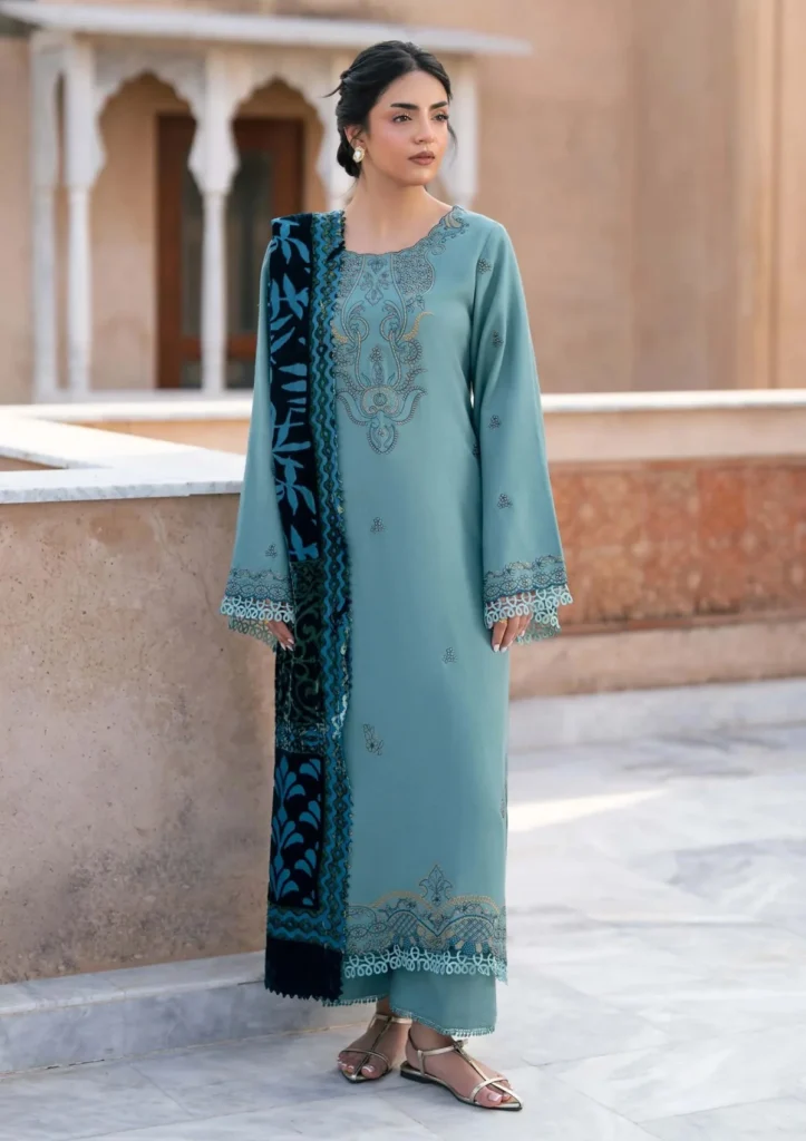 Raaya The Plush Edit Sky Blue – 3 Piece Unstitched Embroidered Slub Dhanak Suit with Palachi Shawl
