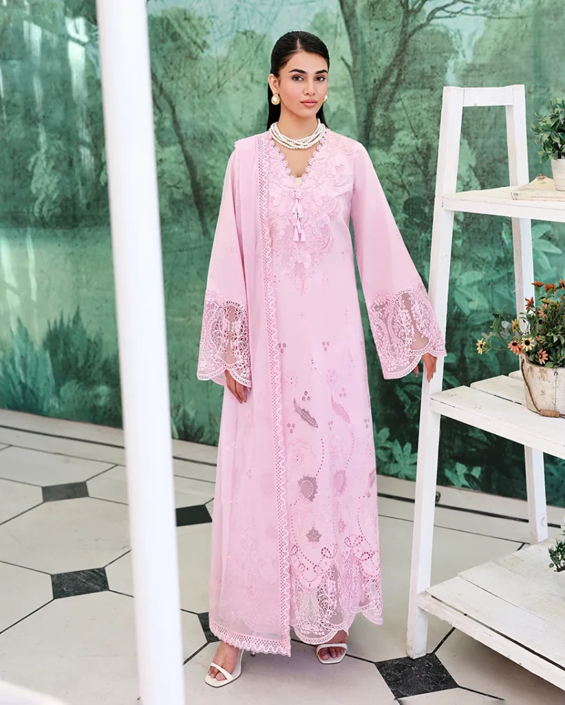 Shirt • Chikan embroidered lawn front • Embroidered lawn back • Embroidered lawn sleeves • Embroidered front neckline (organza) • Embroidered front daman border (organza) • Embroidered sleeves border (organza) Dupatta • Embroidered chiffon dupatta Trouser • Dyed cotton trouser Size: Unstitched Fabric: Lawn Color: Pink