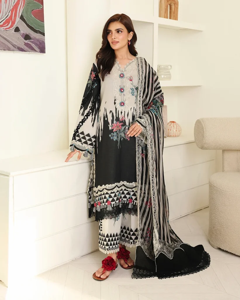 Roheenaz Black Petals – Unstitched Printed Lawn 3 Piece Suit with Embroidered Dupatta