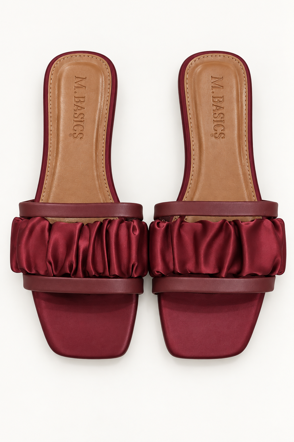 M.Basics Burgundy Satin Ruched Slide Sandals