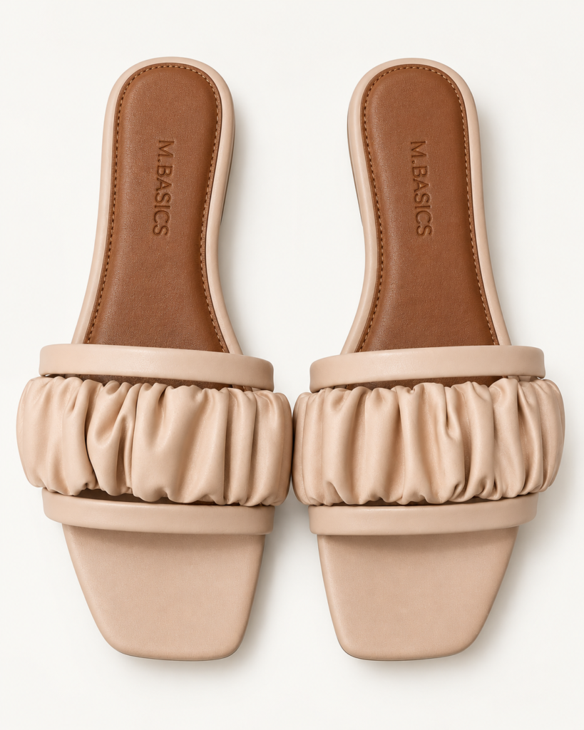 M.Basics Beige Ruched Slide Sandals
