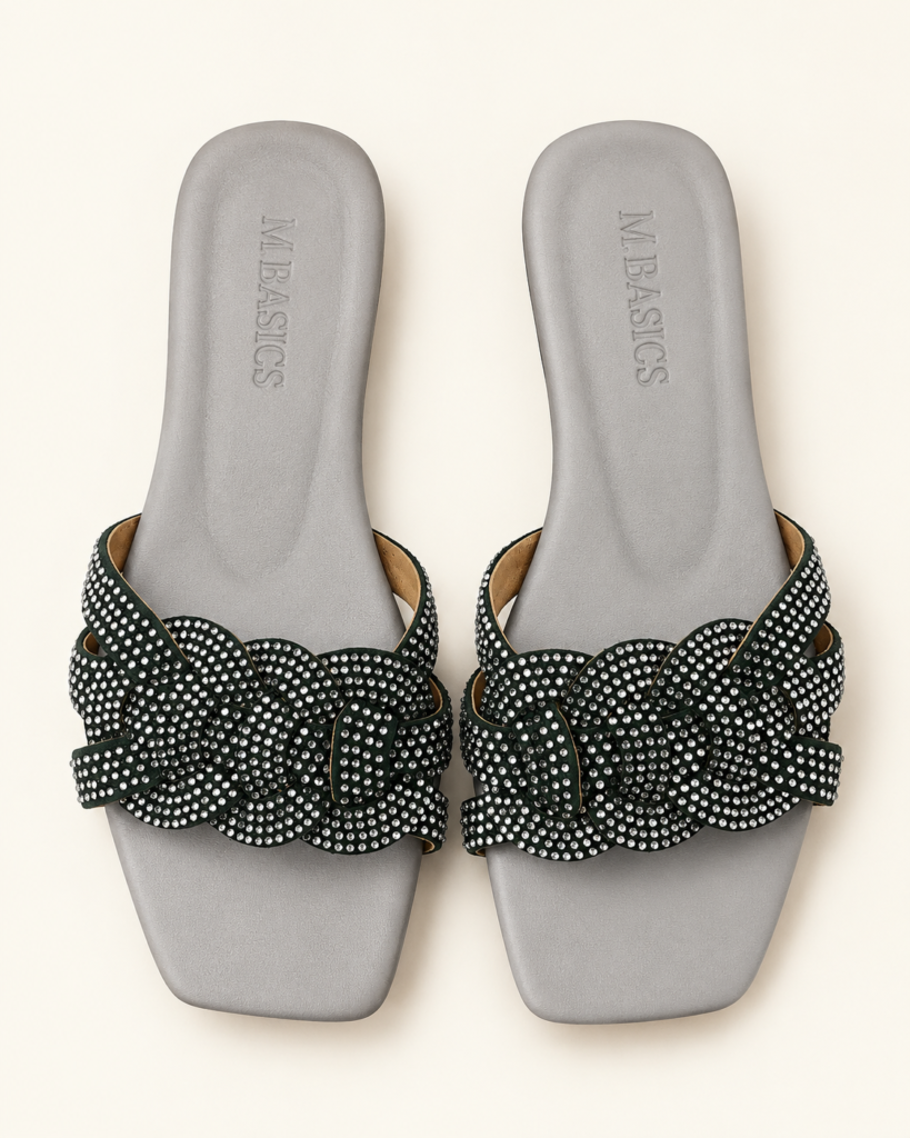 M.Basics Crystal Studded Woven Slide Sandals – Dark Green