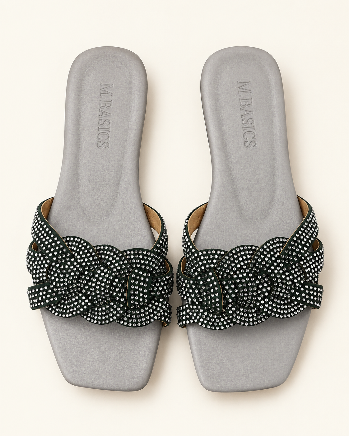 M.Basics Crystal Studded Woven Slide Sandals – Dark Green