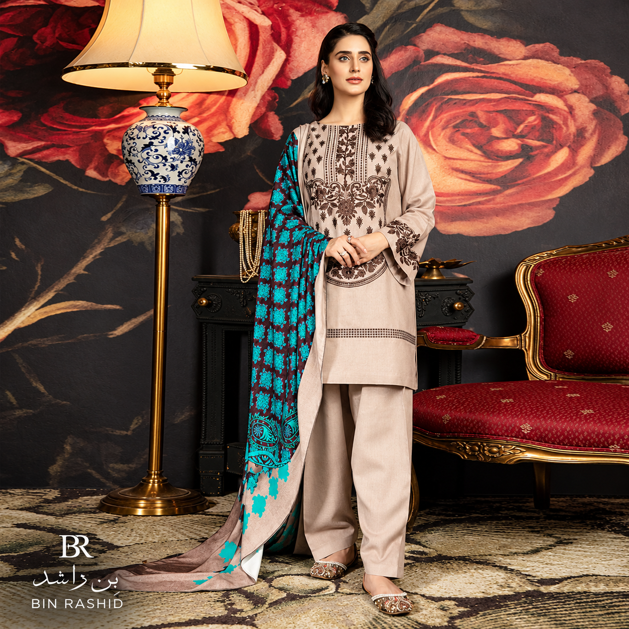 Bin Rashid Chapter 4 – Unstitched Embroidered Linen 3 Piece Suit with Printed Wool Shawl BR-29/B