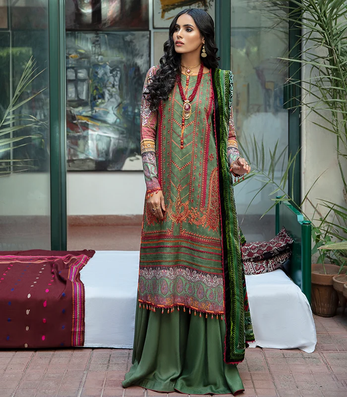 Bin Ilyas – Unstitched Digital Printed Embroidered 3 Piece Suit with Plachi Shawl 003-B