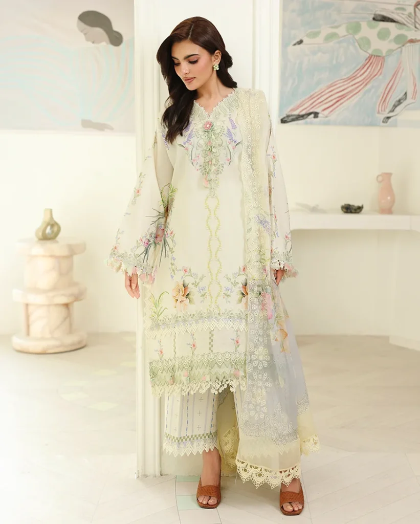 Petals in Print by Roheenaz Printed Lawn Ivory Sonata 3 Piece Suit