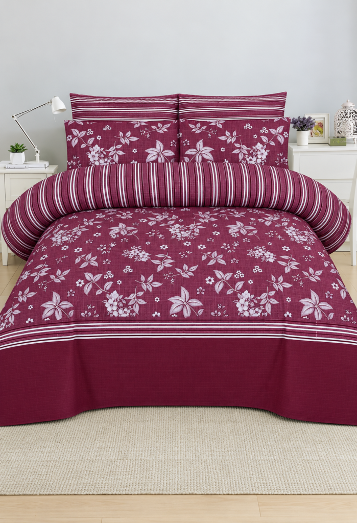 Maroon Floral Striped Bedding