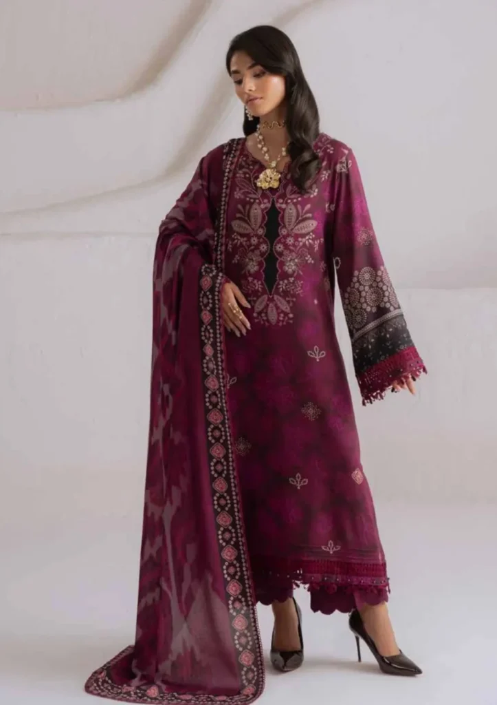 Nureh Signature Prints SP-216 Maroon – 3 Piece Unstitched Printed Viscose Slub Suit with Woolen Shawl