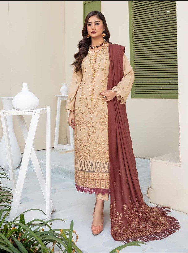 Aalaya Chantilly De Lace Vol 7 – Unstitched Embroidered Dhanak 3 Piece Suit with Wool Shawl 02