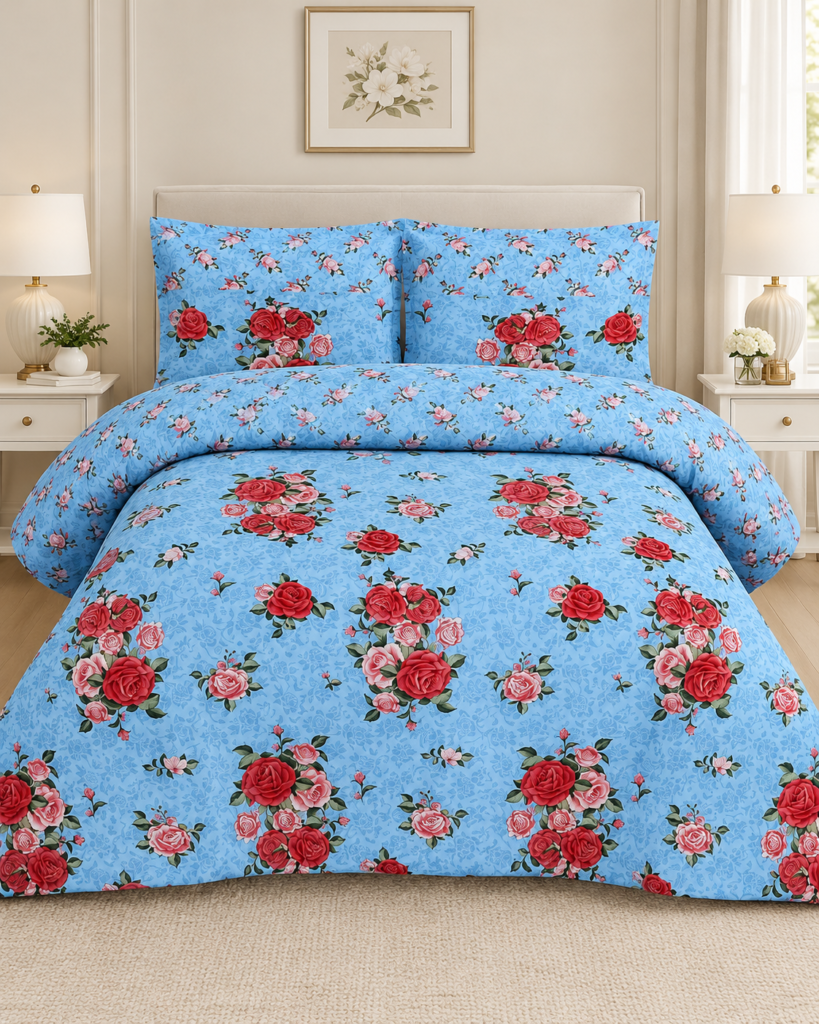Premium Baby Blue Floral King Size 6 Piece Comforter Set