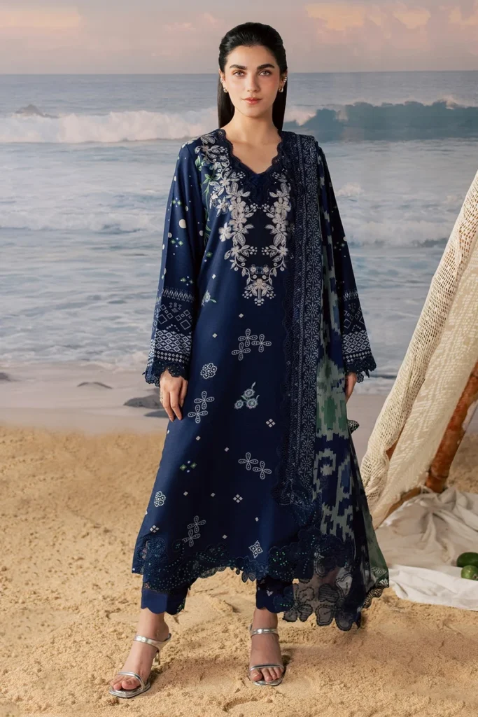 Nureh Daily Delights DD-42 Navy Blue – 3 Piece Unstitched Embroidered & Printed Viscose Slub Suit