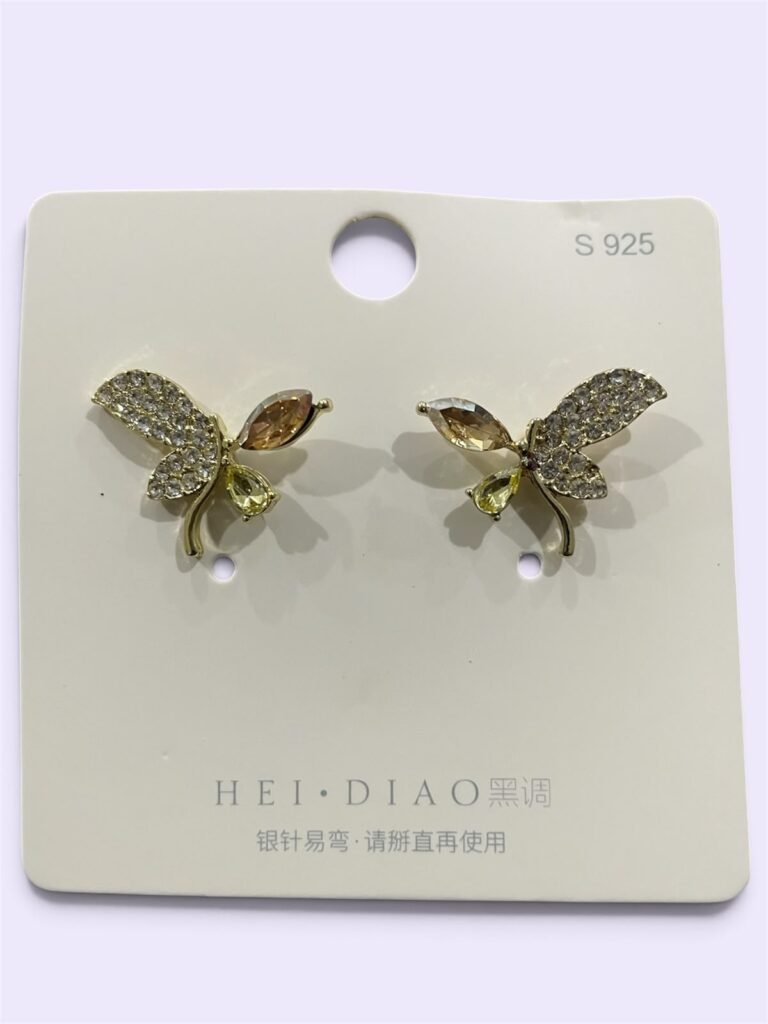 Golden Butterfly Crystal Stud Earrings – Amber & Yellow Stones