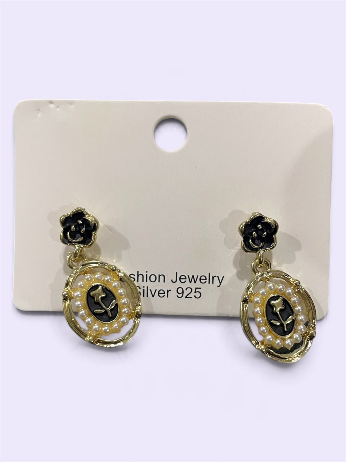 Vintage Black Rose Cameo Drop Earrings – Pearl Oval Gold