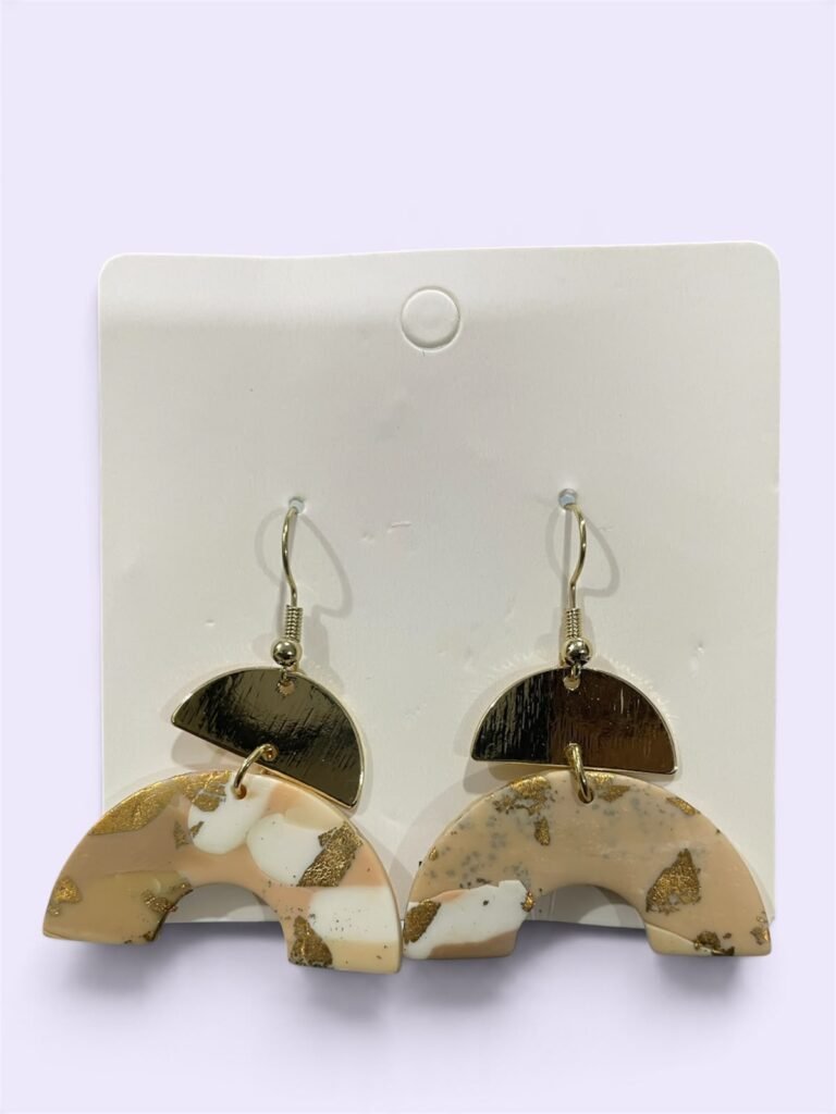 Marble Clay Arch Dangle Earrings – Beige & Gold Foil