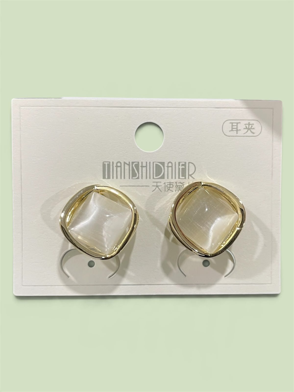 Cat’s Eye Opal Square Ear Clips – Gold Frame