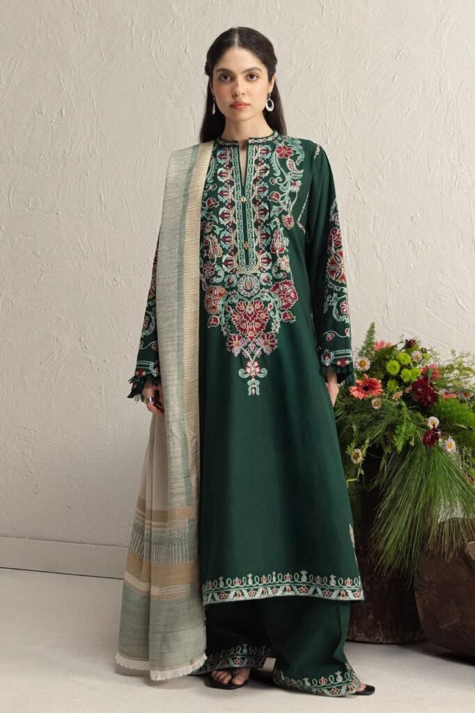 COCO by Zara Shahjahan Ochre-2B – Embroidered Cotton Neps Karandi 3 Piece