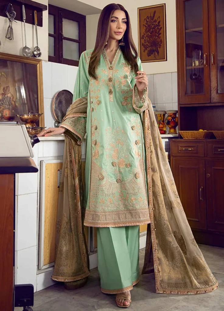 Fahad Hussayn – Unstitched Embroidered Dobby Lawn 3 Piece Suit with Chiffon Dupatta